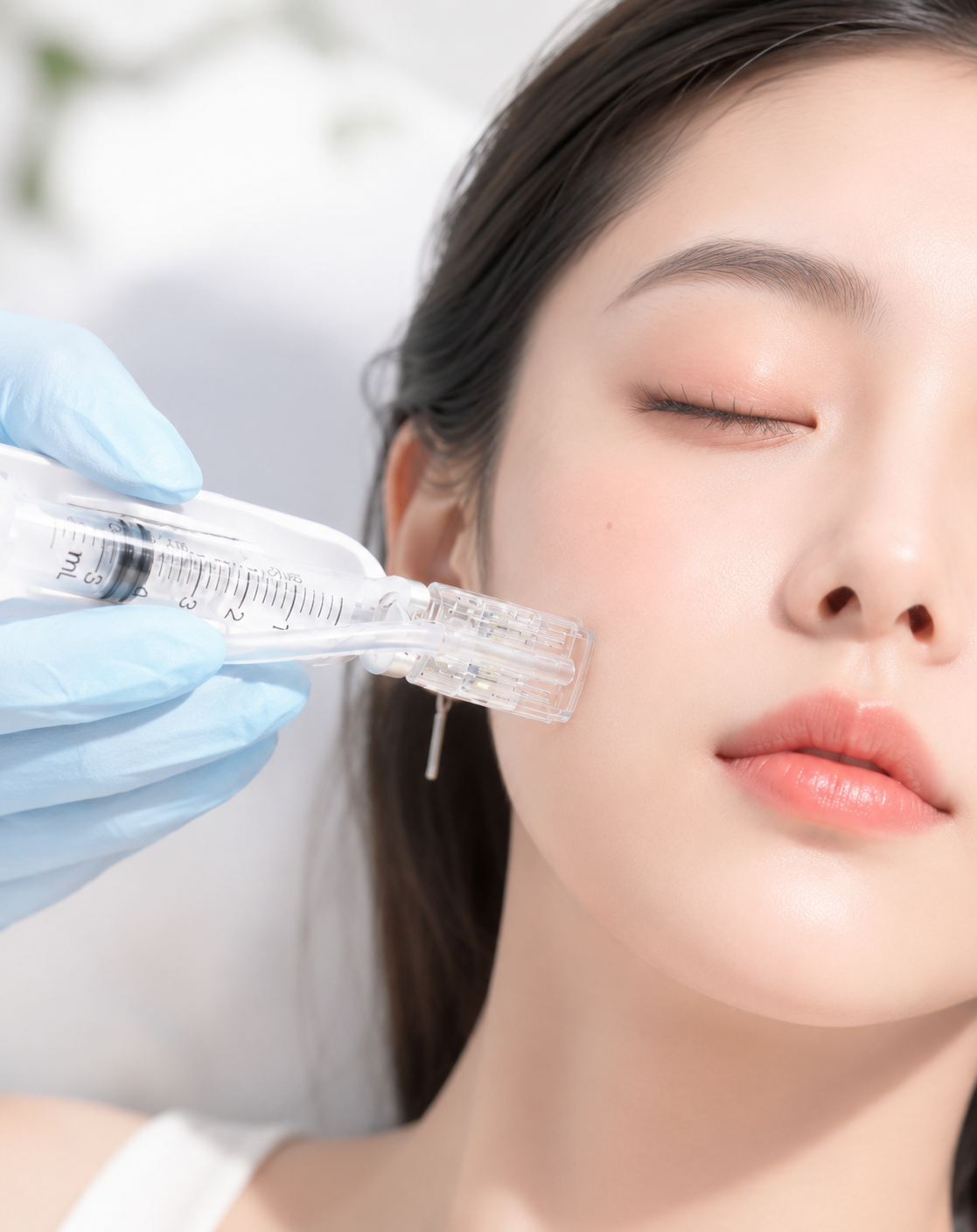 리쥬란 인젝터를 이용해 통증 부담을 줄이고 볼 부위에 스킨부스터 시술을 받는 여성의 모습