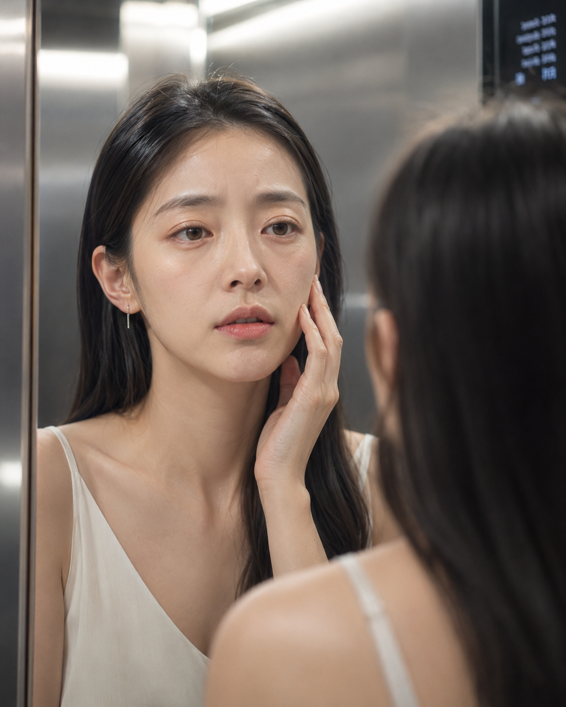 엘리베이터 거울 속 자신의 얼굴을 보며 피부 노화와 탄력 저하를 걱정하는 30대 후반 여성 이미지