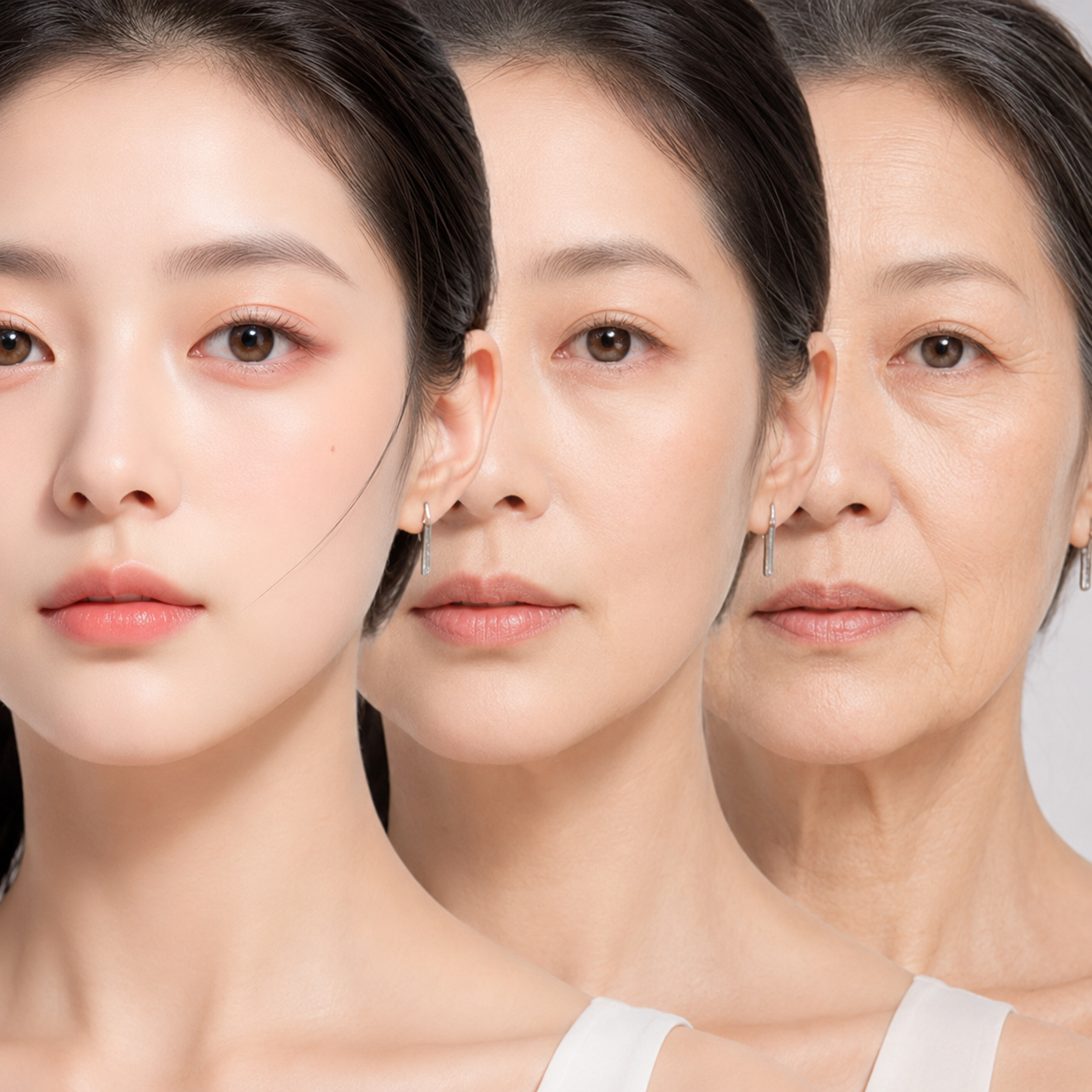 리투오 피부 밀도 관리와 관련된 얼굴 노화 변화, 탄력 저하와 주름 변화를 단계별로 보여주는 여성 이미지