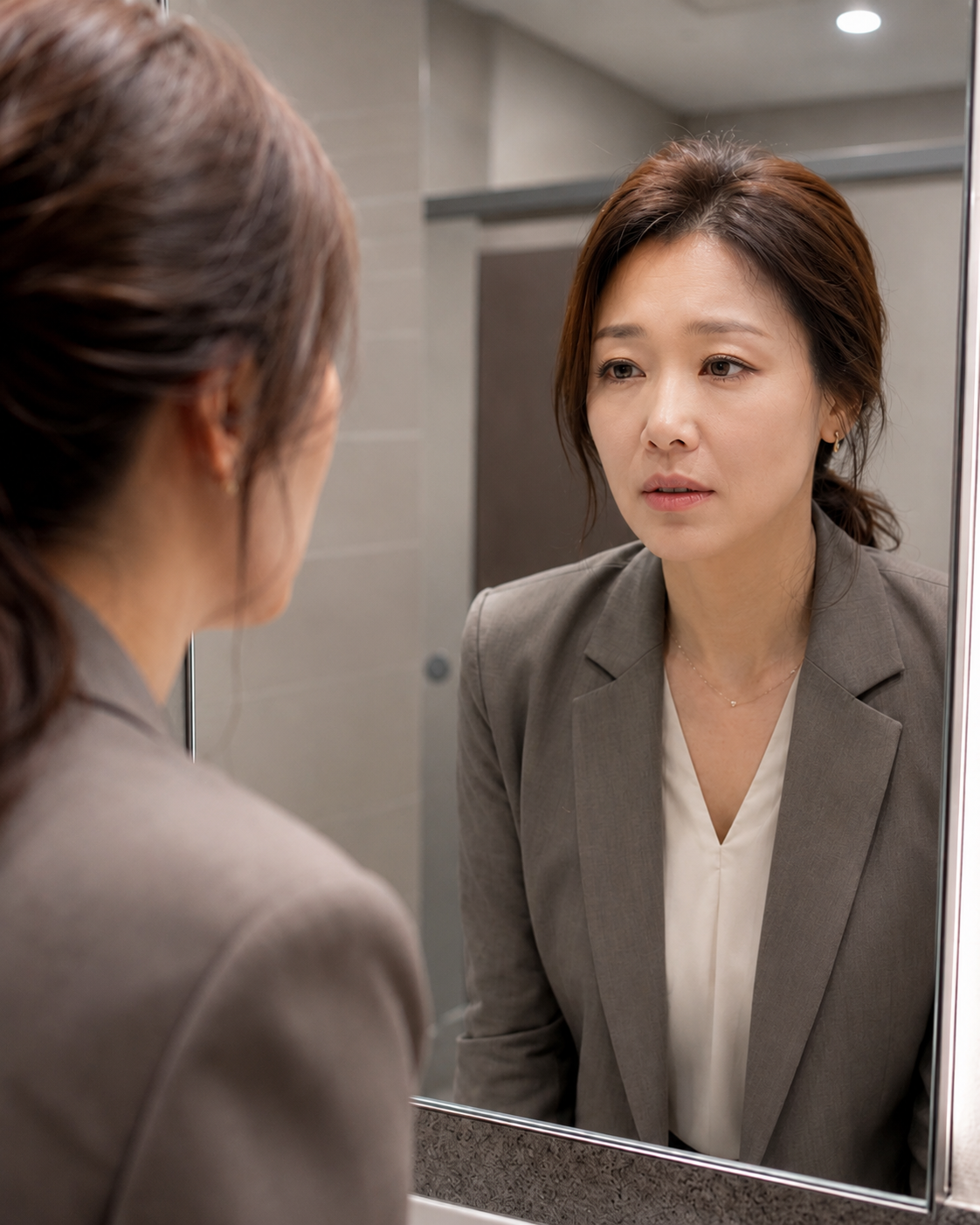 점심시간 이후 오후 3시쯤 화장실 거울을 보고 쳐진 피부를 보고 놀란 30대 여성 직장인 / 힐하우스피부과 강남